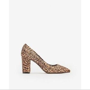 EXPRESS Leopard Print Calf Hair Block Heels Pointed Toe Sutton Pump Heels